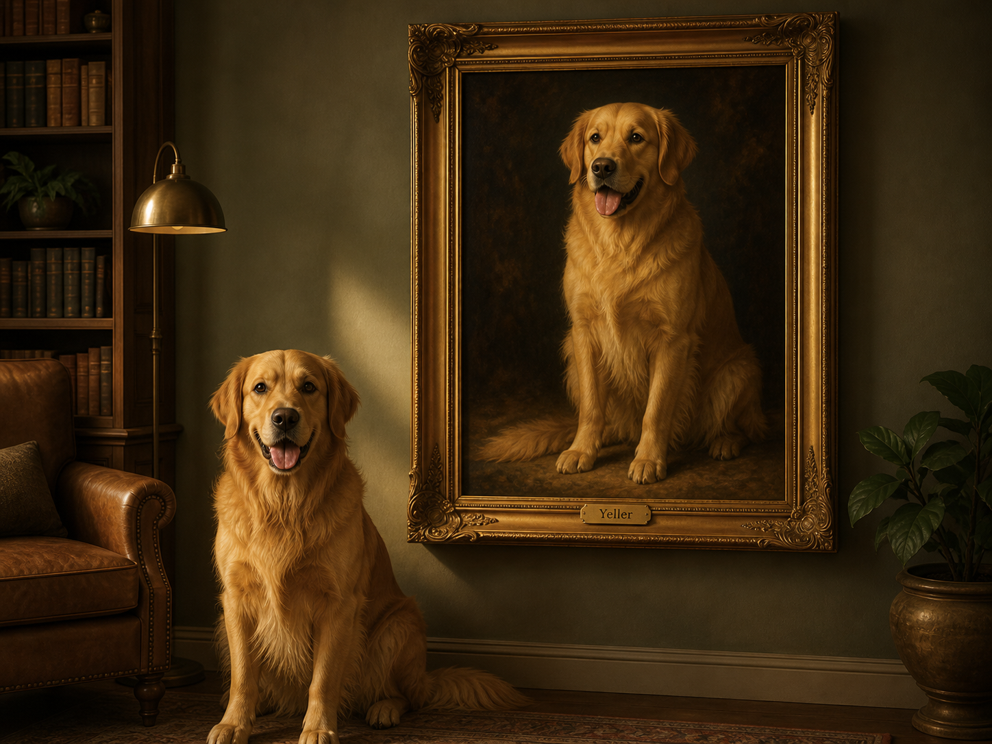 vintage-style dog oil painting in the Old Masters tradition, custom framed in gilt and hanging in a library beside the real golden retriever